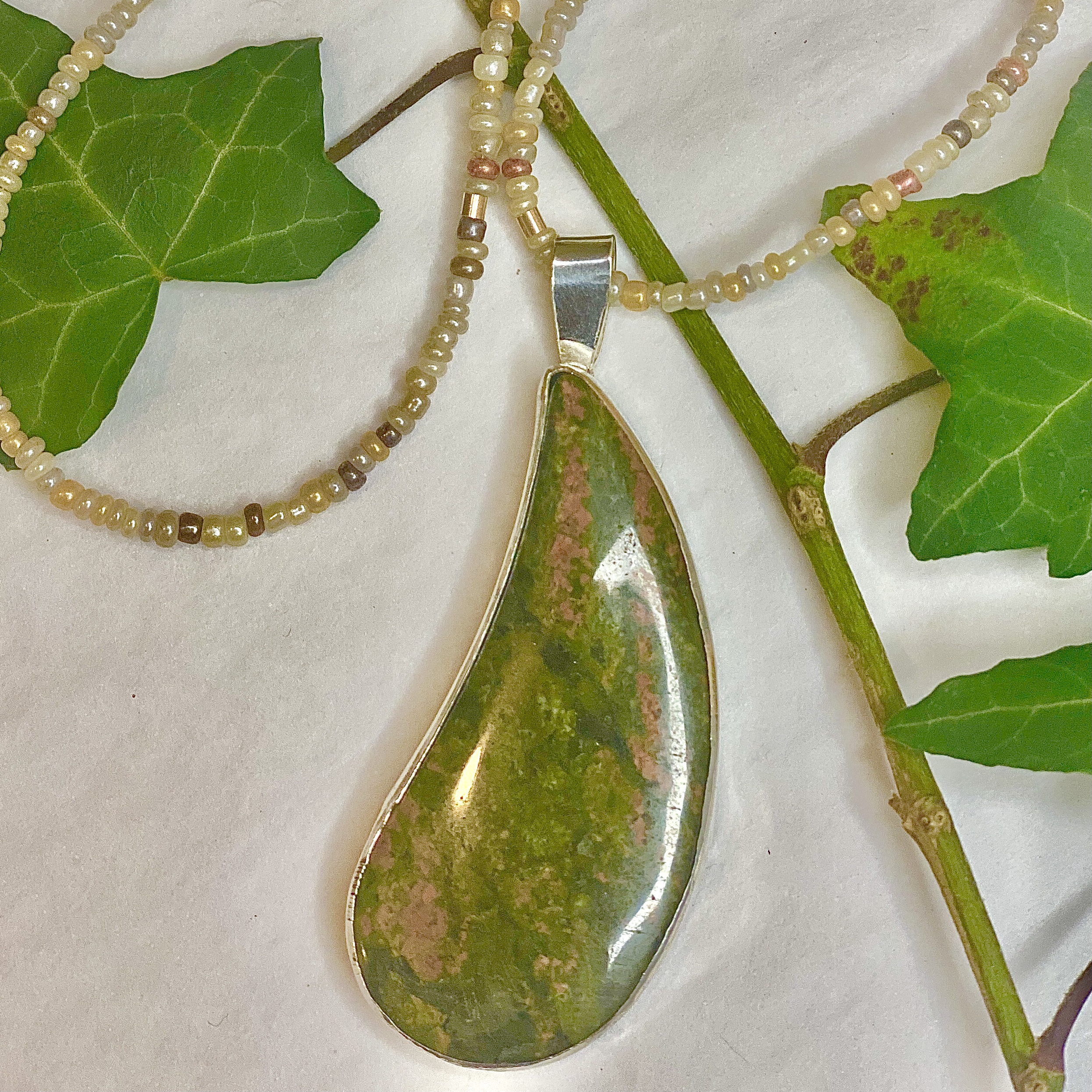 Pendant – Large Unakite semi-precious stone set in sterling silver