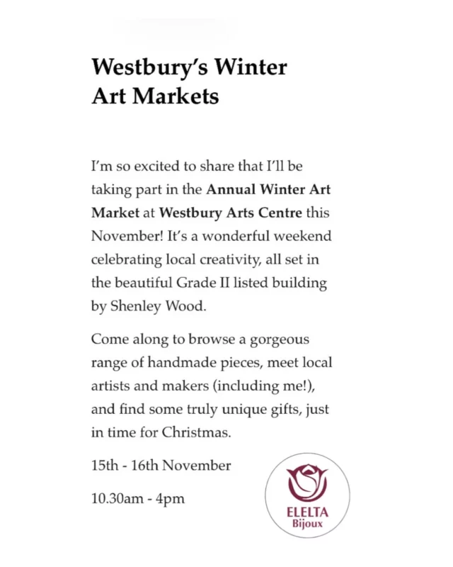 Hi, come and visit us Westbury Arts Centre this Saturday 15th and Sunday 16th of November, from 10.30am to 4pm. I'll be there with my jewellery along with some wonderful local artists and makers. There will be some lovely handmade items for you to browse... 💕

#westburyartscentre #freyajonesgallery 
#handmadejewellery #supportsmallbusiness #churchlanegallery #bucksartweeksofficial #CreativeCommunity #wintermarkets #JewelleryDesign #BucksArtWeeks #OxfordshireArtWeeks #festiveseason